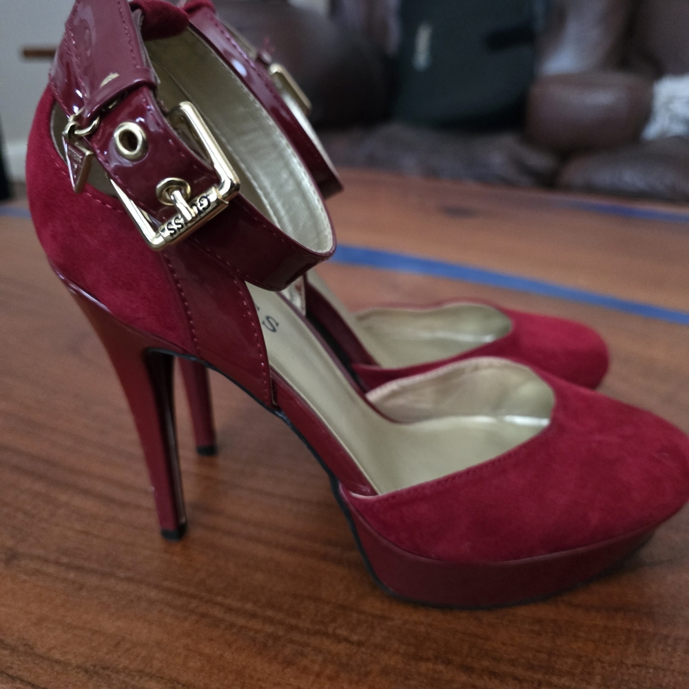 Vintage Guess Wine Red Suede Heels with Ankle Strap